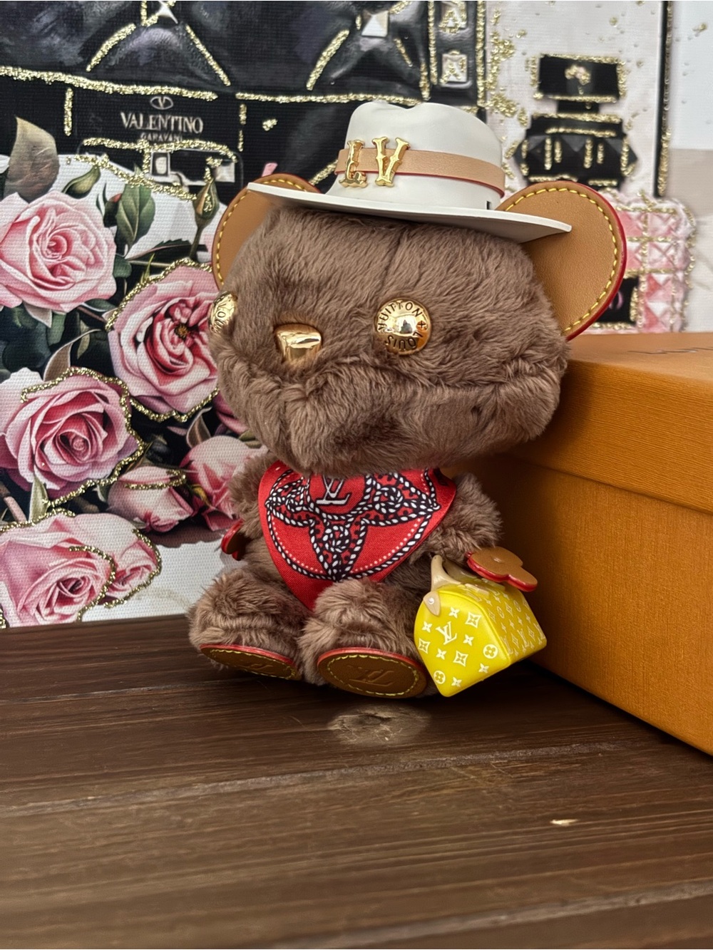Louis Vuitton Brown Bear Plush Keychain with Red Bandana and Yellow Bag